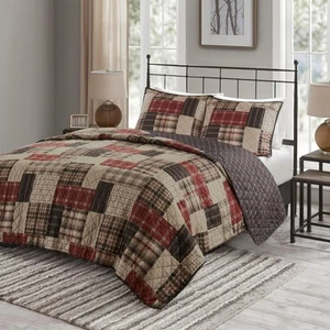 Queen Quilt Set Patchwork Farmhouse, Diamond Quilting Reversible Coverlet Set... - Picture 1 of 7