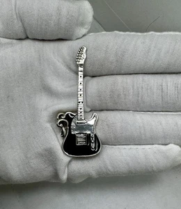 Sterling Silver 925 Musical Note Bail Black Enamel Electric Guitar Pendant Gift - Picture 1 of 14