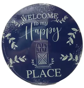 Round Glass Cutting Board/Trivet, app 8", WELCOME TO MY HAPPY PLACE ON BLUE, GR - Picture 1 of 11