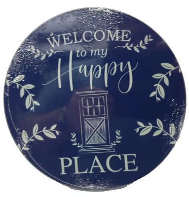 Round Glass Cutting Board/Trivet, app 8", WELCOME TO MY HAPPY PLACE ON BLUE, GR - Image 1 of 4