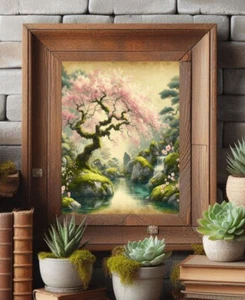 Japanese Pink Cherry tree Blossom Flower Water Vintage wall art painting print - Picture 1 of 5