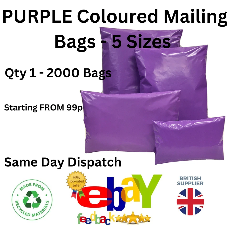 PURELY PACKAGING ONLINE Purple Coloured Mailing Bags Printed Self Seal Postal Tamper Proof Mail 5 Size
