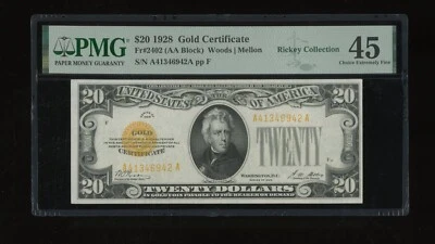 DBR 1928 $20 Gold Certificate Fr. 2402 PMG 45 Serial A41346942A - Image 1 of 2