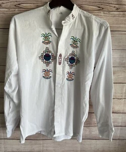 Embroidered White Button Down Shirt Floral Geometric Masks Women’s Small - Picture 1 of 6