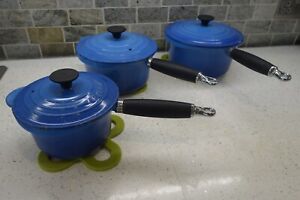 LE CREUSET  Cast Iron 4 Saucepan Set. BLUE ...  20cm,18cm,16cm..Used LECRESET.