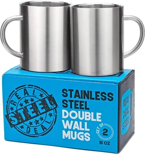 Stainless Steel Double Walled Mugs: 100% BPA Free,15 Oz Metal Coffee & Tea Cup M - Picture 1 of 9