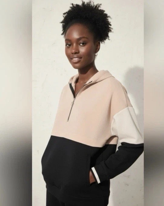 Пуловер с капюшоном ZARA Color Block Quarter на молнии персиковый и черный РАЗМЕР M - Изображение 1 из 4