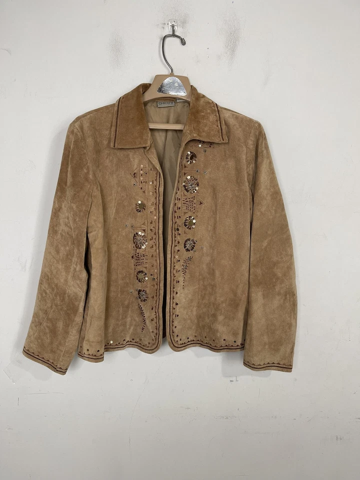 Jaqueta Chicos Feminina Tamanho 1 Camurça Marrom Boho Western Country Couro Outono Rústico - Imagem 1 de 4