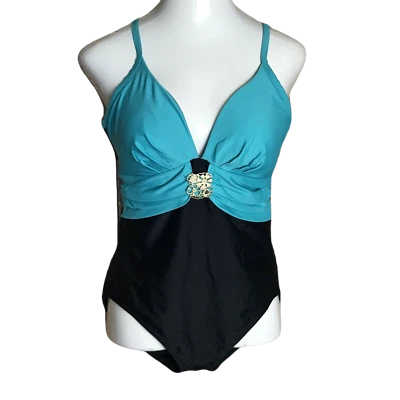 Christina Classy One-Piece Swimsuit ~ Blue & Black ~ Sz 14D ~ Adjustable Straps - Image 1 of 4