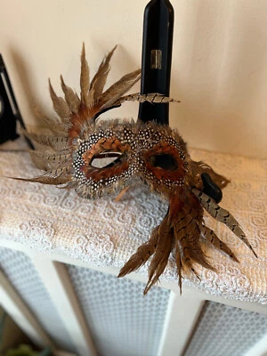 Ornate Vintage Joseph McLaughlin? Feather Mardi Gras Eye Mask w/ Leather Ties - Image 1 of 2