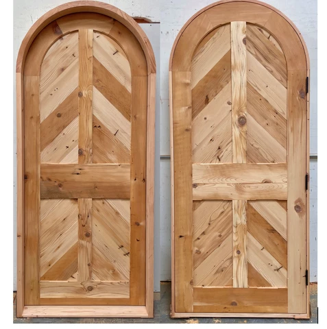 Rustic reclaimed arched door solid wood Doug Fir Chevron pattern pre hung Cover