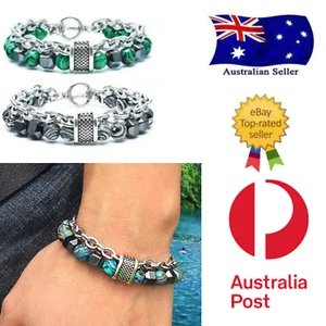 Metal Stainless Steel Fashion Malachite Beaded Bracelet Multicolor Men's Hematit - Picture 1 of 5