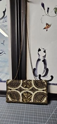 Ecote METAL Lentejuelas Cuentas Línea Dorada Bordado Solapa Snap Bolso sin asas Bandolera Monedero Foto 1 de 4