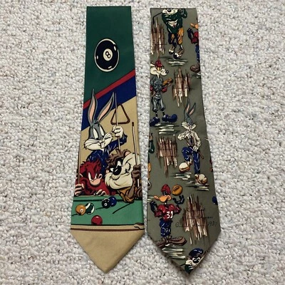 Looney Tunes Mania Mens Ties Set of 2 Green Billiards Olive Sports Silk VINTAGE - Image 1 of 4