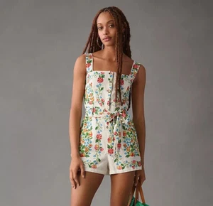 Anthropologie Farm Rio Linen Romper Floral Tropical Romance Belted Size L NEW - Picture 1 of 5