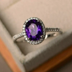 1.75Ct Oval Cut Amethyst Halo Lab Created Ring 14K White Gold Plated - Picture 1 of 7