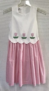 Bonnie Jean Girls 12 Pink Gingham Tulips Party Dress White Scallop Bodice Easter - Picture 1 of 10