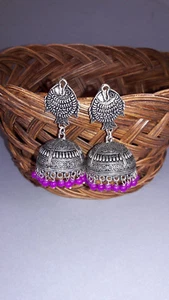 INDIAN OXIDIZED SILVER PLATED HANDMADE JHUMKAS EARRINGS DANGLERS - Picture 1 of 6