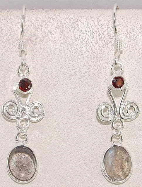 Natural Labradorite & Fire Garnet 925 Sterling Silver Earrings Jewelry @9-3 - Image 1 of 1