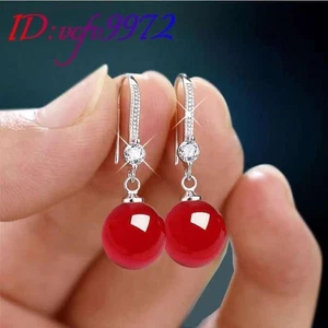 Carved Gemstone 925 Silver Beads Earrings Real Jewelry Natural Jade - Picture 1 of 6