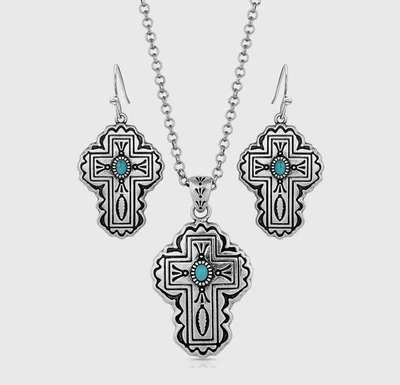 Conjunto de collar cruz catedral occidental Montana Silversmiths - venta al por menor $95 ~ nuevo Foto 1 de 4