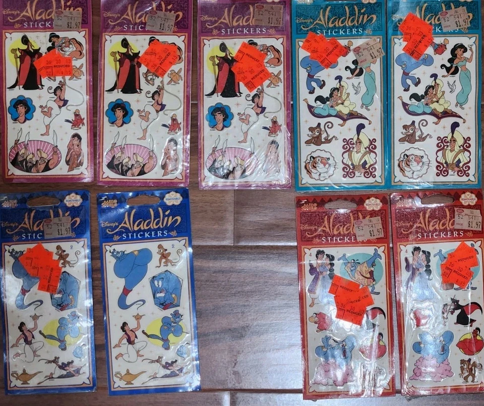 Nuevo de Lote Antiguo 1992 Disney Aladdin 9 paquetes 1-2-3-4 pegatinas Mello Smello Jasmine Genie Nuevo en Paquete Foto 1 de 3
