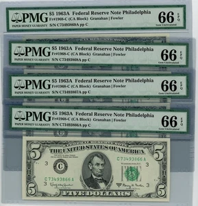 Fr. 1968-C $5 1963A 4 Consec. Federal Reserve Note 66 EPQ PMG dc-2538 - Picture 1 of 3