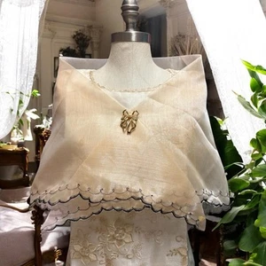 Scialle ricamato Filippiniana Alampay beige nero ricamato floreale taglia unica - Foto 1 di 8