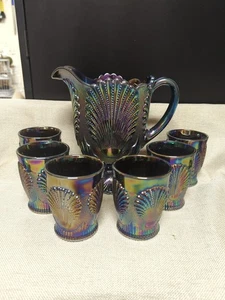 Vintage Mosser Beaded Shell Amethyst Carnival Glass Water Set 7-Piece - Picture 1 of 3