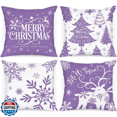 Lanpn 白色和紫色 18x18 圣诞枕头套 4 件套 De — 第 1/4 张图片
