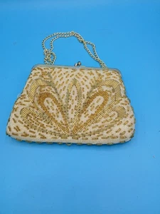 La Regale Ltd Beaded Evening Bag w/ Mirror  Gold Glass Beads Vintage  - Picture 1 of 12