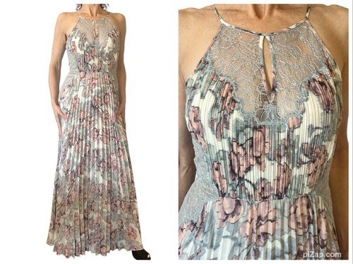 VETEMENTS BCBG Max Azria Misty abito lungo maxi dress blush ombra pizzo floreale plissettato 0 nuovo con etichette