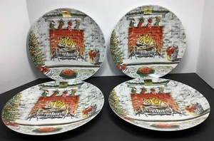 Eaton Fine Dining Christmas Fireplace & Stockings Set of Four Dinner Plates New - Picture 1 of 6