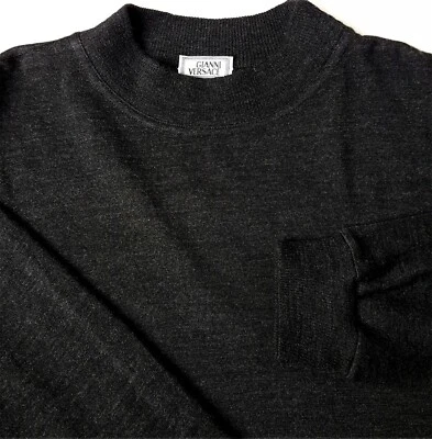 GIANNI VERSACE 90'S Med Mock Collar Wool Sweater Jumper Charcoal Gray VINTAGE - Image 1 of 4