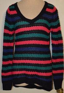 Women's Rue 21 Black Pink Blue Stripe Long Sleeve V-Neck Sweater Top Sizes S, M - Picture 1 of 2