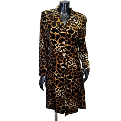 Vintage 90s Clio Womens M Leopard Print Longline Blazer Coat Velvet Button Front - Image 1 of 4