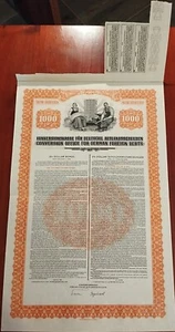 Niemcy 1936 Konwersja Długi zagraniczne 1000 USD Dolary RZADKA pożyczka Obligacje - Zdjęcie 1 z 8