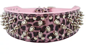 17-20 Inches Leopard Leather Spiked Studded Dog Collar 2 Inch Wide, 25 Spikes - Picture 1 of 2