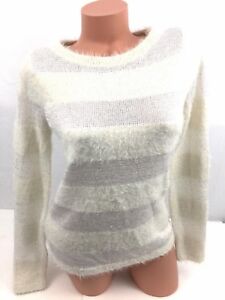 Ann Taylor Loft Womens Sweater Off White Sequin Furry Stripe Blouse Shirt Size S