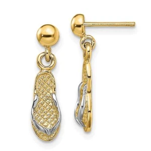 14K Solid Yellow Gold Hawaiian Flip Flop Sandals Post Dangle Earrings - Picture 1 of 4
