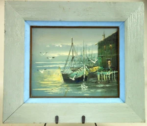 "Mid Century Hafenmalerei Boote A Alies impressionistisches Öl auf Leinwand 8"" x 10" - Bild 1 von 8