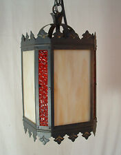 Antique Wrought Iron Arts & Crafts 8 Panel Slag Glass Porch Hall Light Fixture