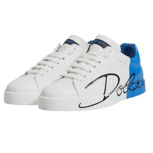 DOLCE & GABBANA Shoes White Blue Leather Logo Low Top Sneakers Mens EU45 / US12 - Picture 1 of 9