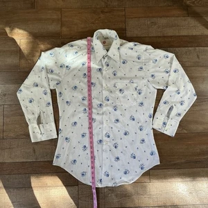 70er Vintage Kings Road Perma-Prest Hemd Herren Gr.M weiß blau geblümt Taiwan 23022 - Bild 1 von 7