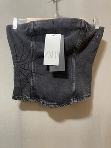 NWT ZARA Women Limited Edition Rhinestone Corset Style Denim Crop Top SZ M Black - Picture 1 of 14