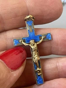 Ancien chapelet perles en verre bleu Croix & Médaille Émaillées bleu - Picture 1 of 8