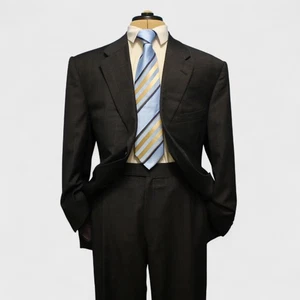 Bespoke Paul Stuart 2 Piece Suit 42R Charcoal Gray Windowpane Wool Pleated - Picture 1 of 17