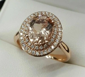 3 Ct Oval Simulated Morganite Engagement Double Halo Ring 14k Rose Gold Plated - Picture 1 of 4