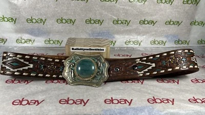 Vintage Cintos Imperial Brown Leather Belt Aztec Thunderbird Turquoise Stone - Image 1 of 4