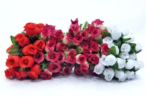 Artificial Silk Flowers Roses Mini Wire Stem Bundles (Red/White/Pomegranate) - Picture 1 of 22